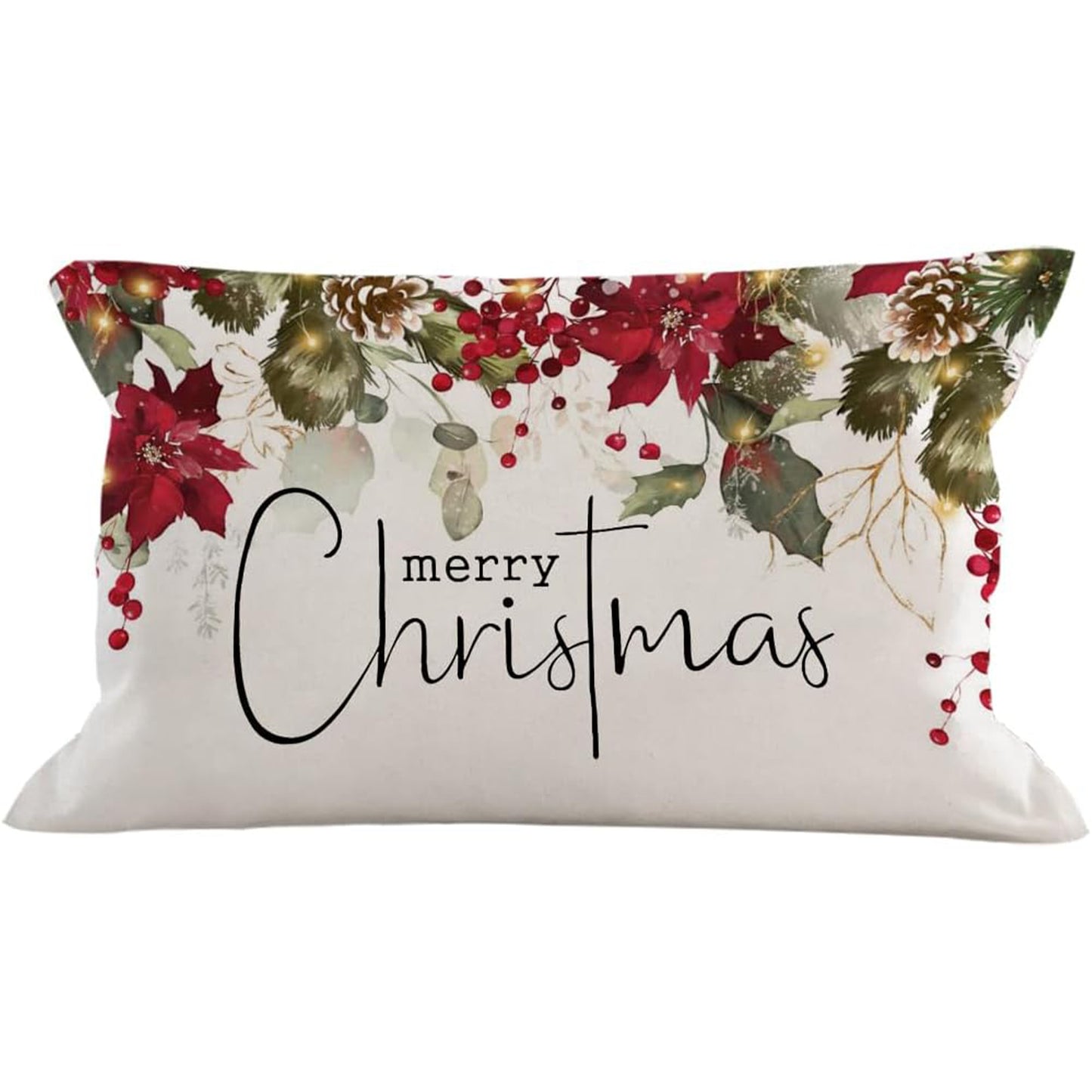 Festive farmhouse style Christmas throw pillow cover suitable for beds, chairs, and sofas. Features contemporary design, machine washable woven polyester material with zip closure. Measures 50.8cm x 127.0cm.