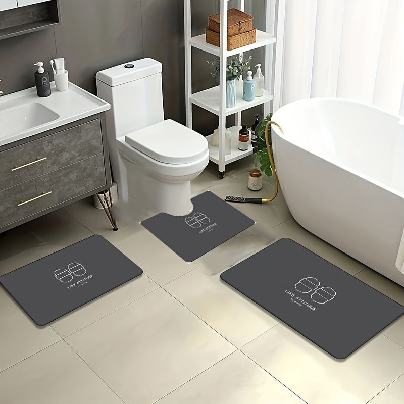 Bathroom Anti-slip Mat Set includes 3 pieces of mats made from Diatom Mud for toilet, washbasin, and entrances. These absorbent, washable, and cuttable mats are also suitable for bathtubs. They are wear-resistant and come in square and oval shapes