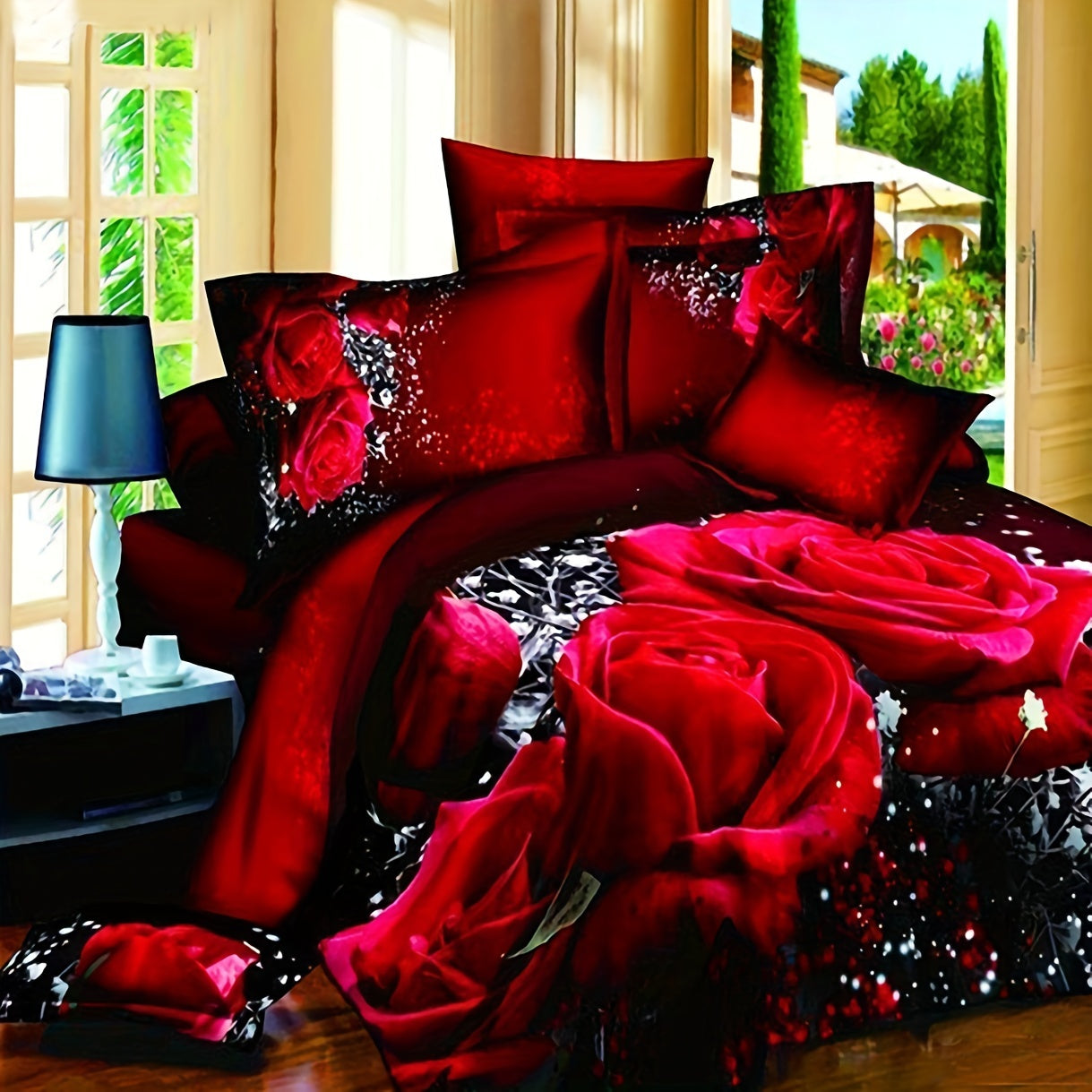 Red Rose Print Bedding Set includes 2/3 pieces with a duvet cover and pillowcases. This bedroom decor set does not include filler. Each set contains 1 duvet cover and 1 or 2 pillowcases, without pillow core.