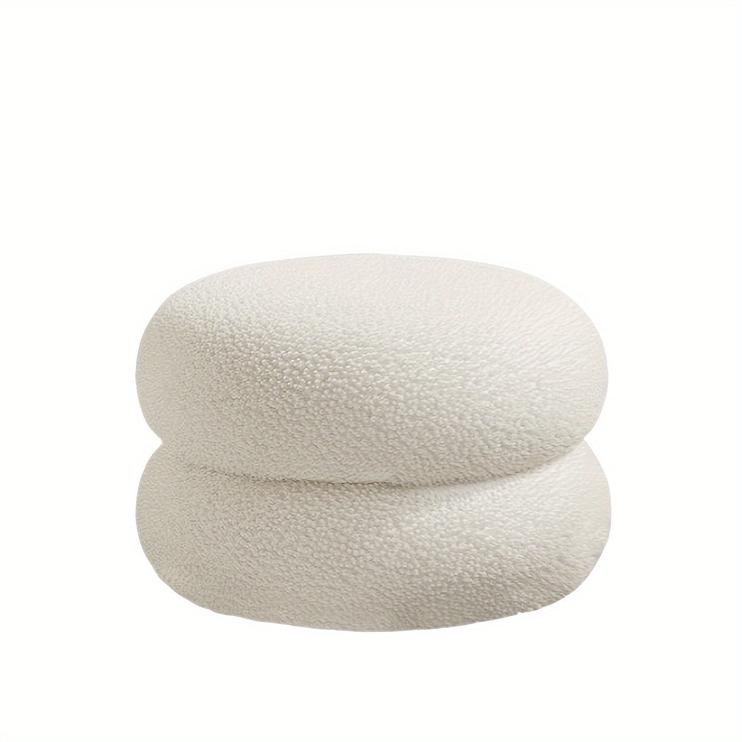 White polyester sofa stool that is versatile and compact. This round ottoman is ideal for the living room, great for changing shoes and enhancing home decor. Features a contemporary style.