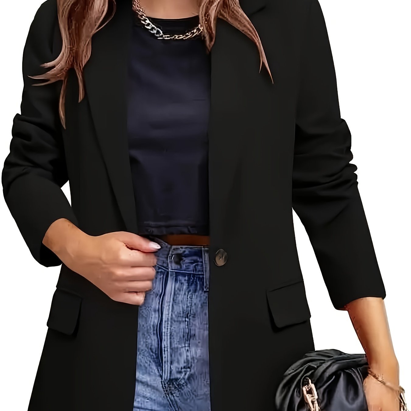 Plus size solid blazer with single-breasted closure, long sleeves, ideal for office and work attire in women's plus size.