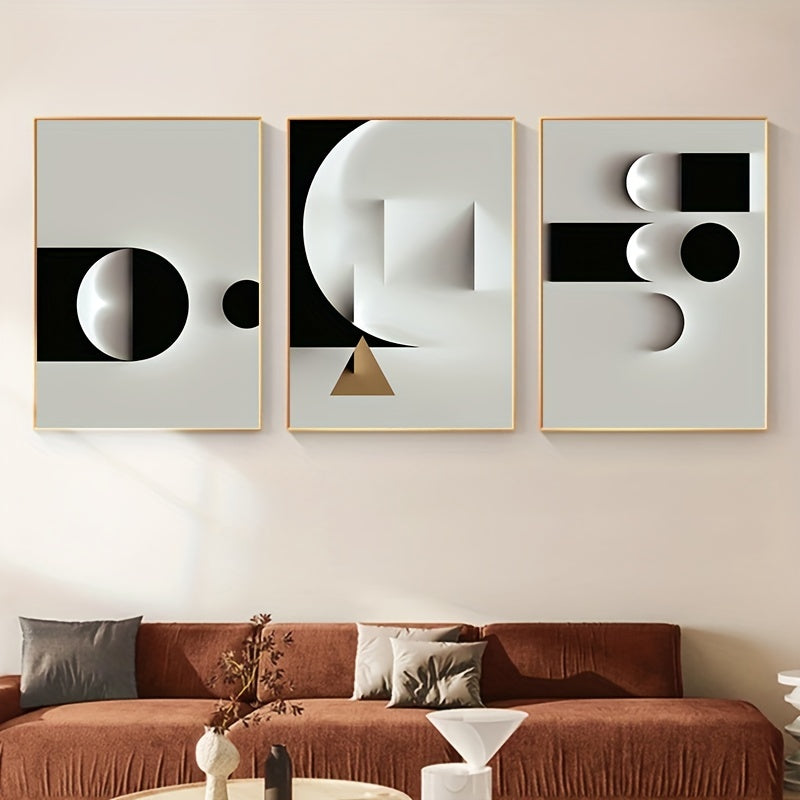 3 geometric canvas paintings in black and white, modern Nordic style, for living room home decor (no frame included)