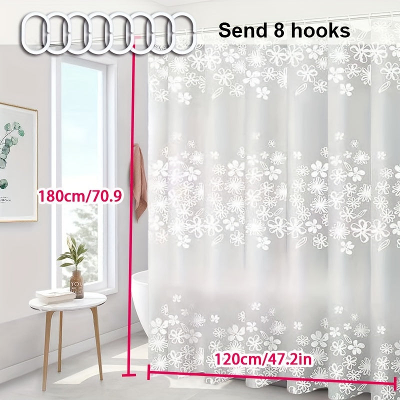 Floral patterned semi-transparent shower curtain with hooks. Waterproof and versatile, suitable for bathroom, wardrobe, or window. Available in multiple sizes.