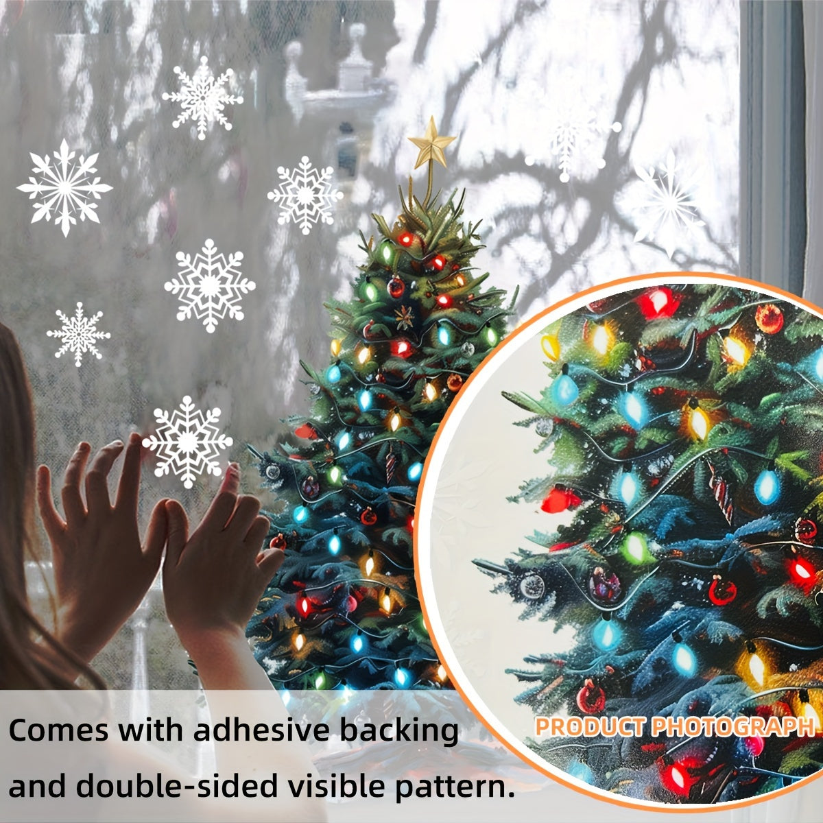 Double-Sided Self-Adhesive Window Sticker with Colorful Lights, Christmas Tree, and Snowflake Decorations, Visible Printing.