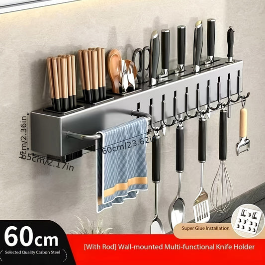 Wall-mounted carbon steel kitchen organizer featuring a no-drill design. This multi-functional rack is perfect for storing knives, forks, spoons, and chopsticks, with added features such as drainage and a towel holder.