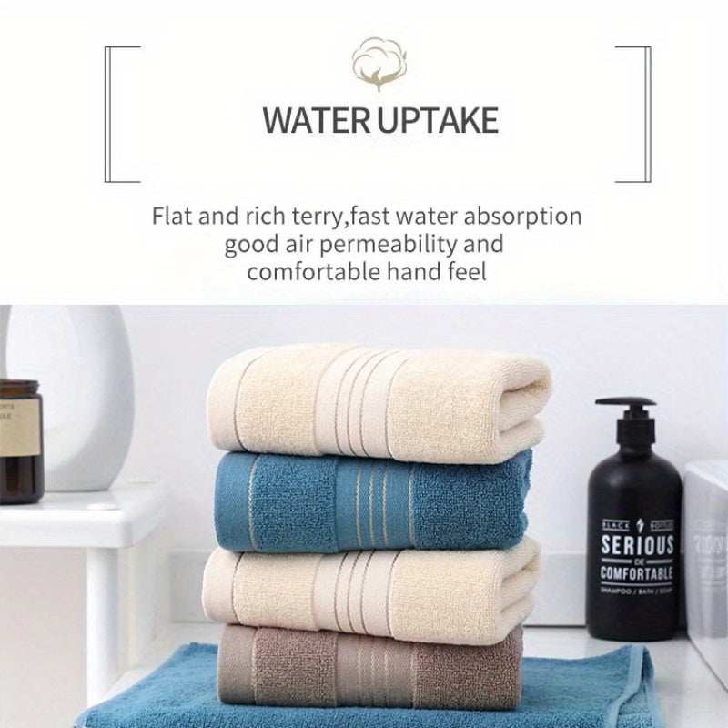 High-quality 100% cotton hand towels with modern striped pattern, 500 GSM, and super absorbent knit fabric. Suitable for bathroom, face, and hair. Perfect for home, hotel souvenirs, and holiday gifts.