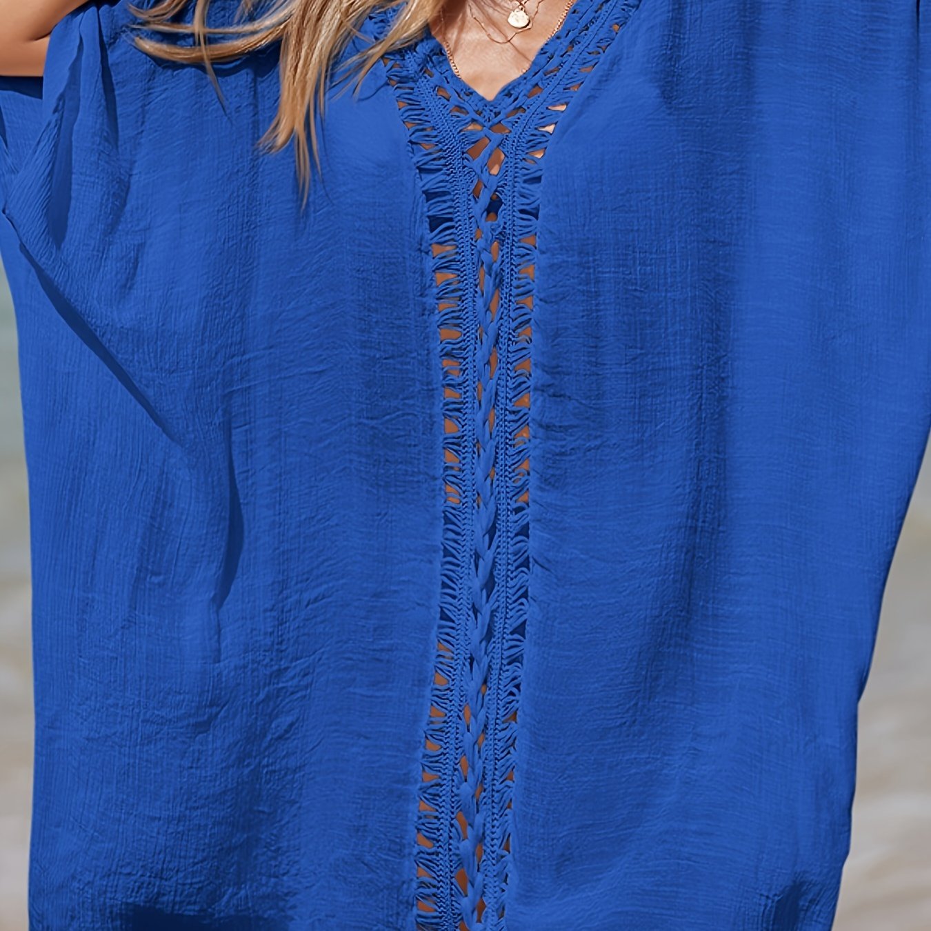 Casual V Neck Crochet Trim Cover Up Dress for Beach Holiday