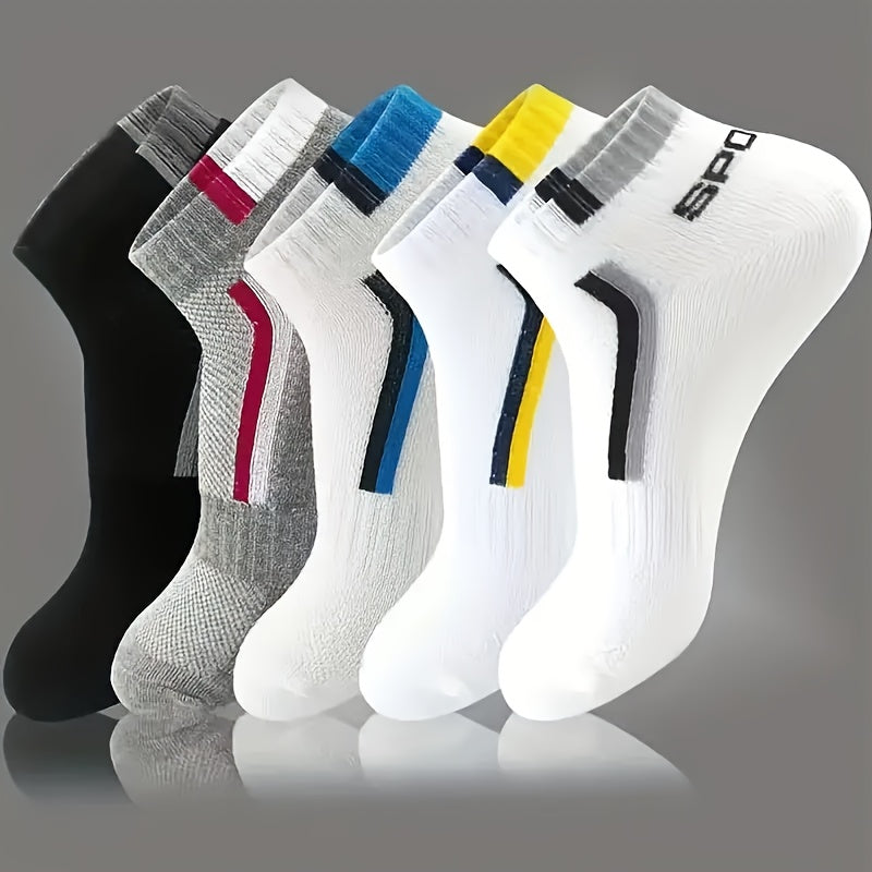 5pc Athletic Ankle Socks - Breathable polyester with sporty letter pattern, ideal for men and women. Hand wash only.