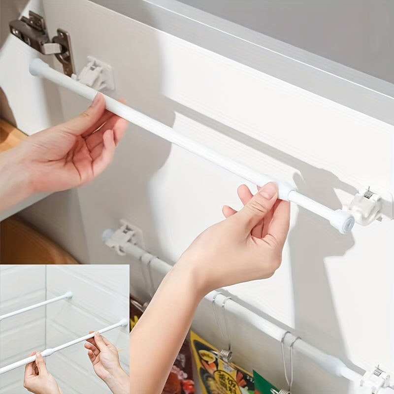 Versatile no-drill curtain rod in white plastic. Ideal for shower and window dressing. Minimalist and durable tension rod.