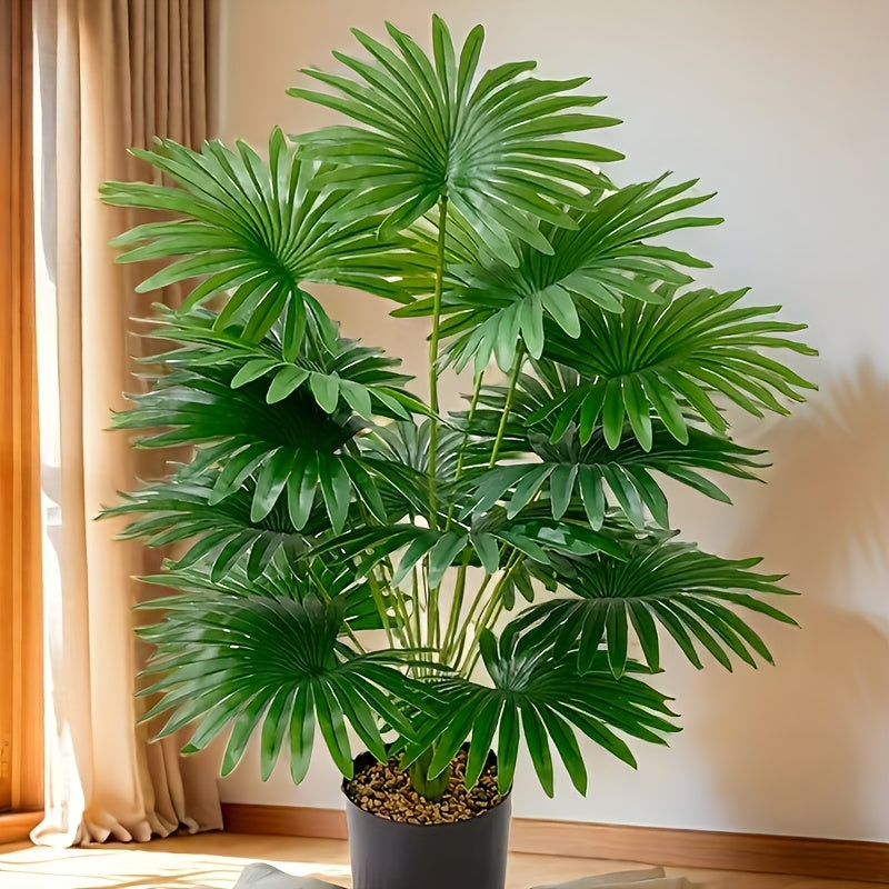 1 Artificial Palm Plant in Gray Pot suitable for indoor/outdoor use, including weddings, hotels, gardens, patios, and photography. Made of durable plastic with no need for batteries