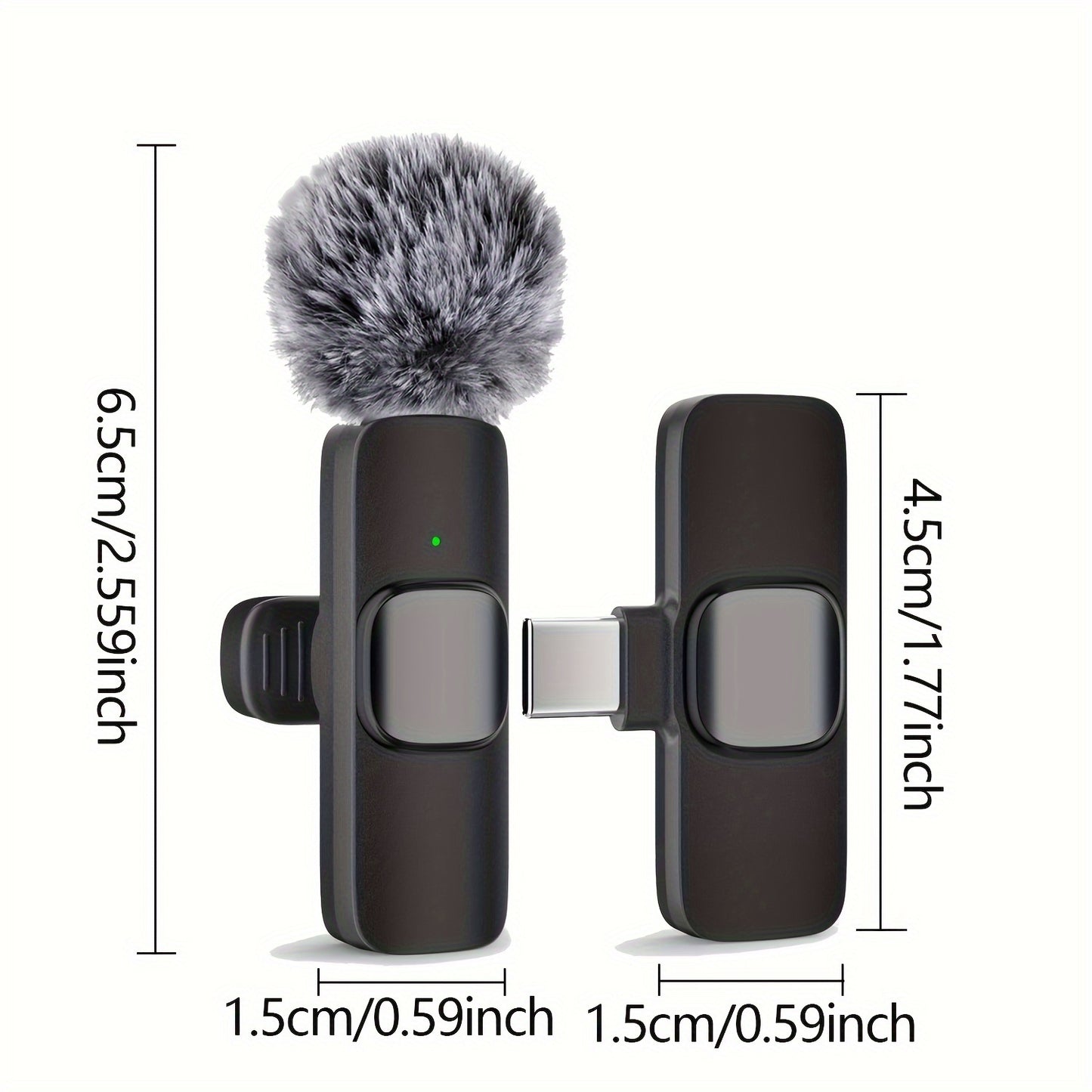 Clip-on lavalier microphone with USB-C, one-touch recording, and rechargeable battery for streaming and video conferencing.