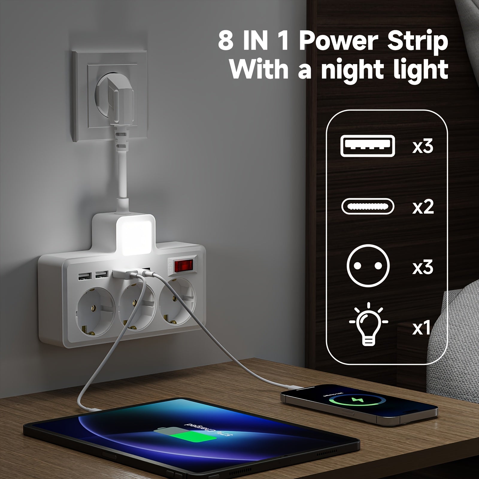 An 8-in-1 EU power strip with a small night light in three colors and adjustable brightness. It features 3 AC outlets, 3 USB ports, and 2 Type-C ports, perfect for use in homes, offices