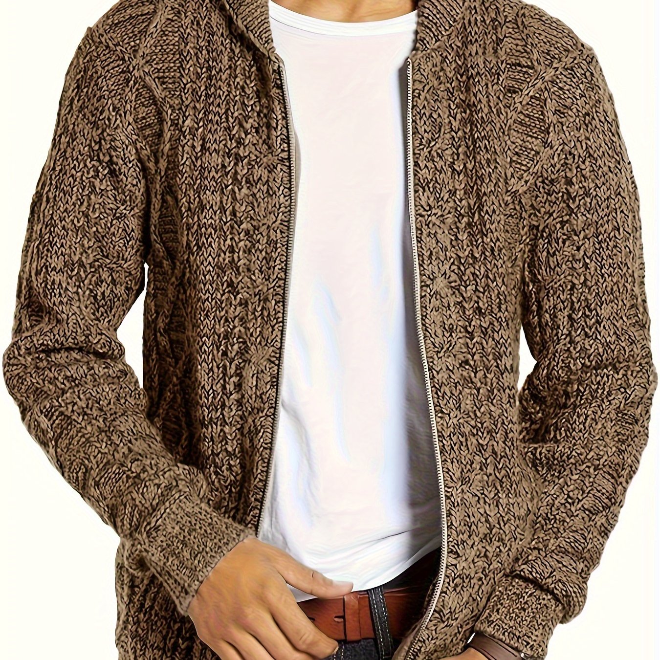 Men's plus size zip-up cardigan with thick knit, stand collar, and cozy acrylic blend for fall/winter