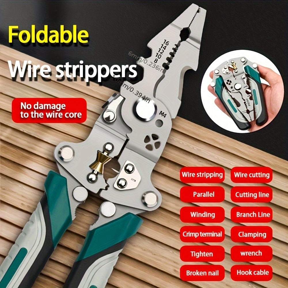 Multi-functional foldable wire strippers designed for electricians, capable of stripping and cutting wires, twisting water pipes, and crimping terminals. Compact for convenient storage and