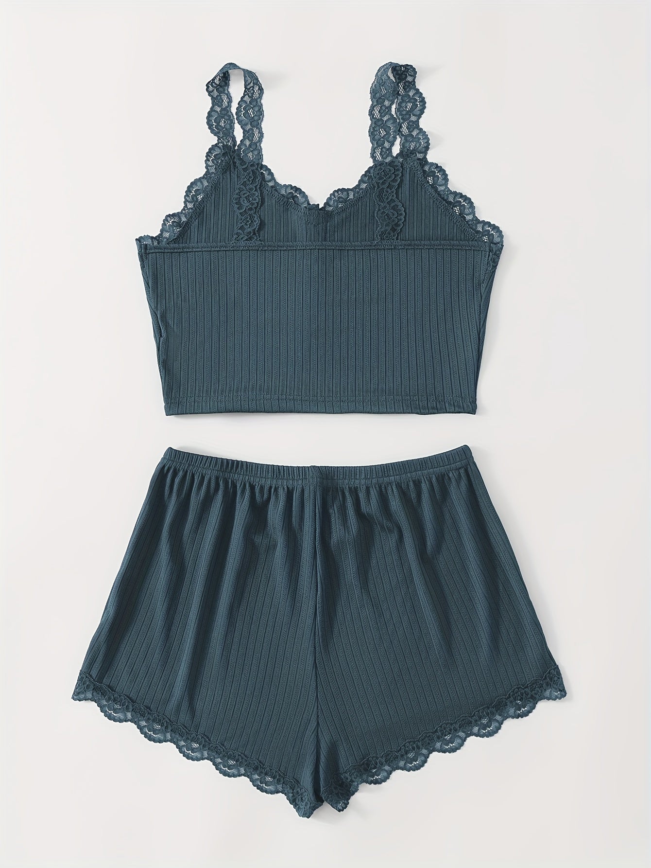 Ribbed lace trim pajama set for women includes a V-neck crop top and shorts with a comfortable fit for summer nights.