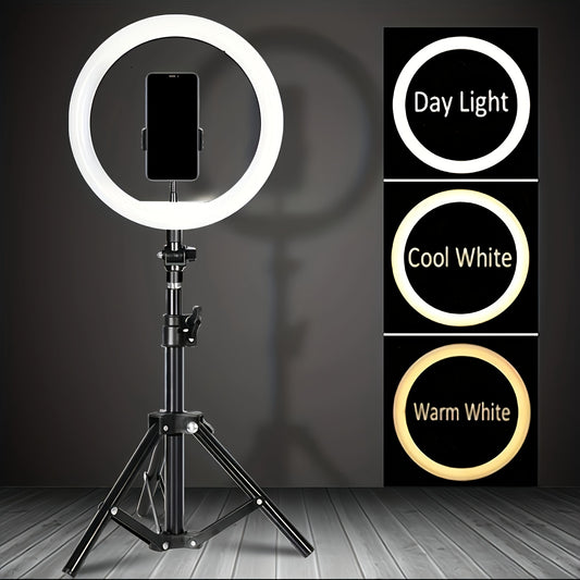 Selfie ring fill light pack with tripod stand and circular lamp for video shooting, studio photo, makeup, meetings, group selfies, and live streaming.