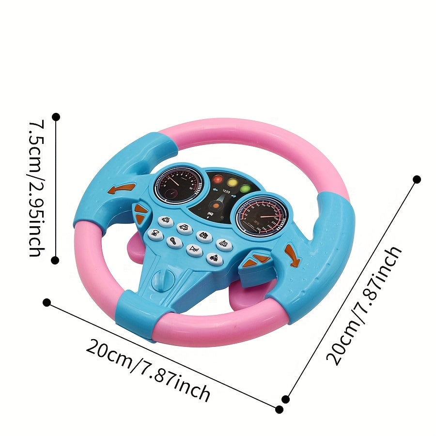 Children's driving simulator steering wheel toy with suction cups, educational interactive car wheel made of plastic. Multi-functional with sound effects in pink and yellow, perfect gift