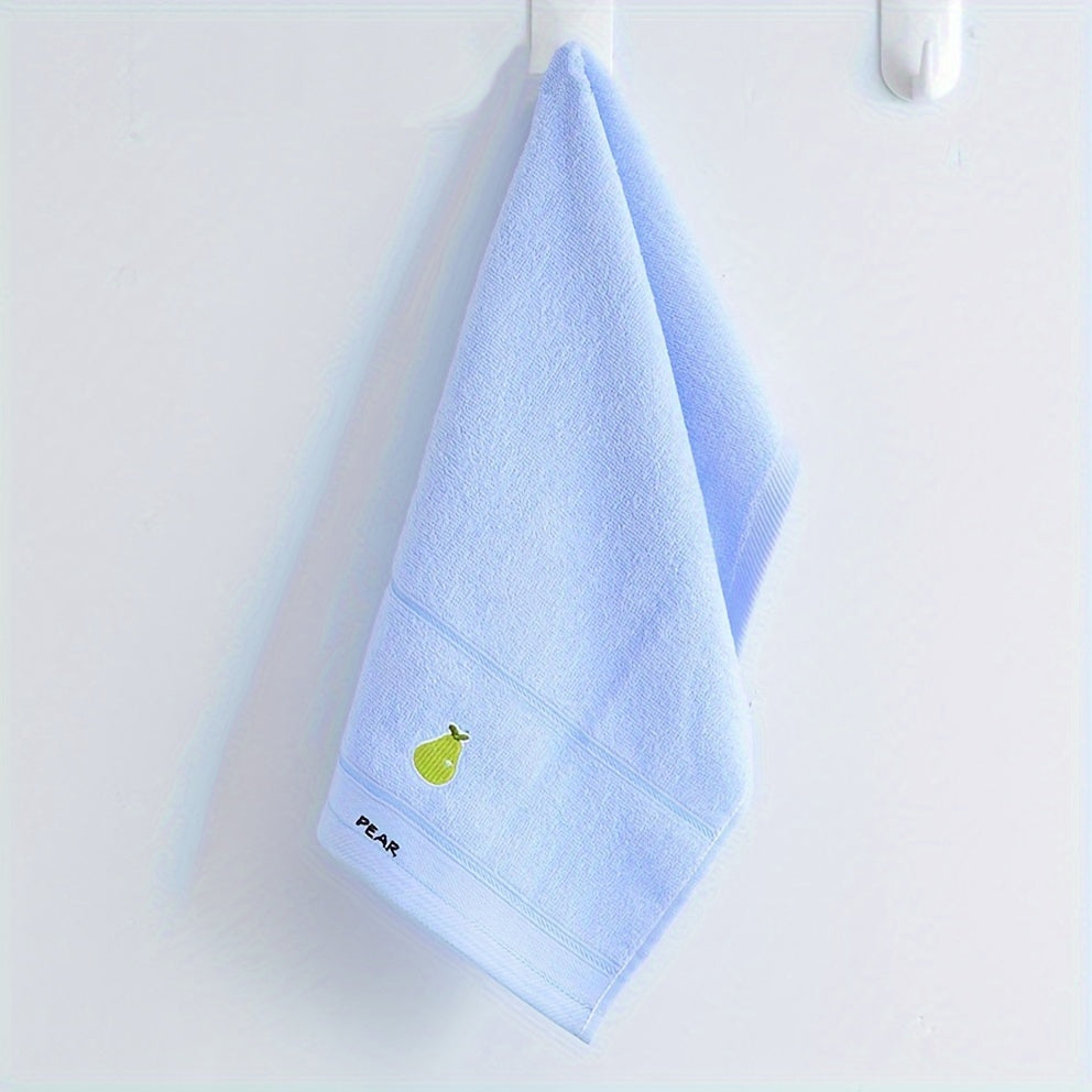 Five soft cotton fingertip towels with fruit patterns ideal for everyday use in the bathroom.