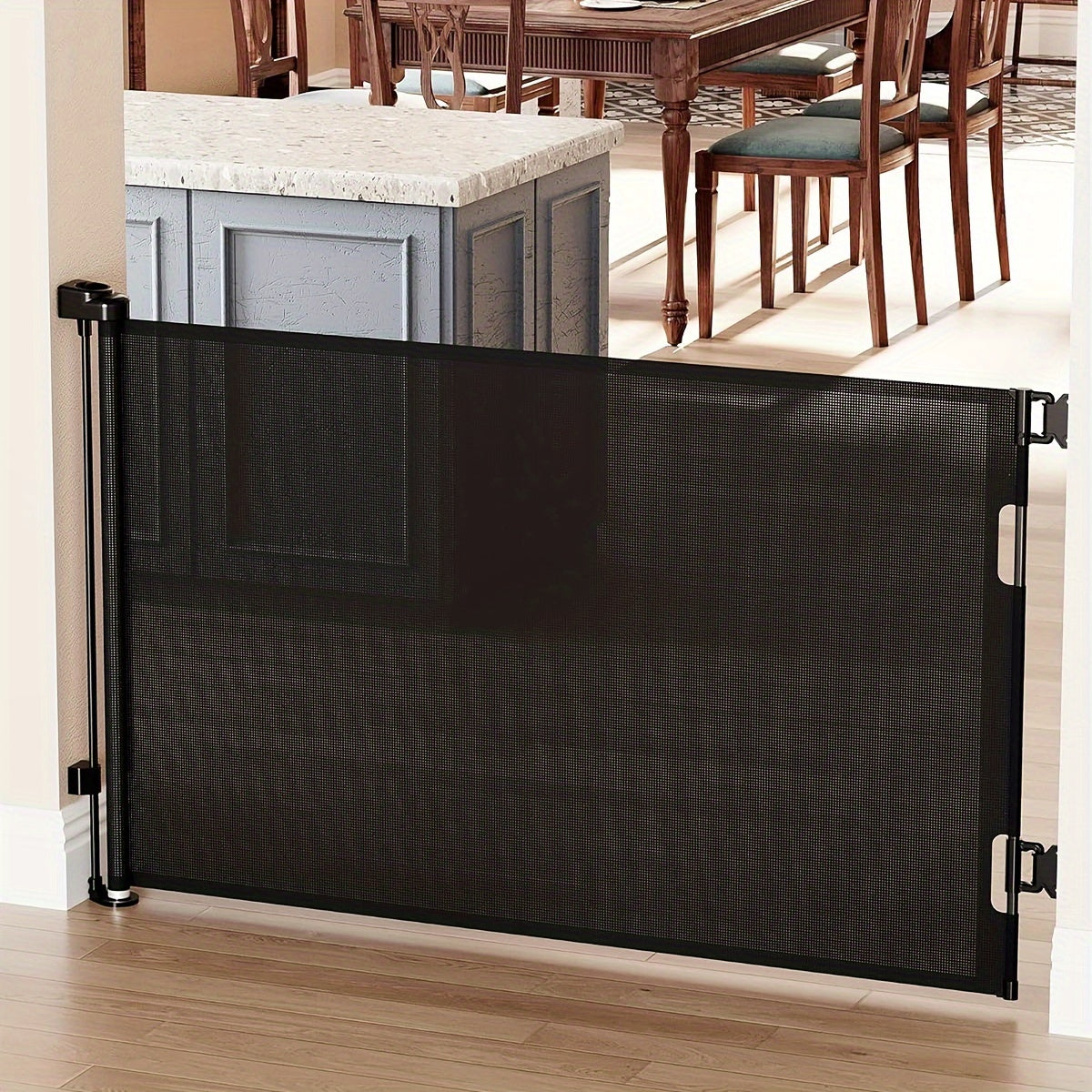 Get your hands on a retractable baby gate designed specifically for stairs and doorways. This mesh pet gate stands at 83.82cm tall and extends up to 139.7cm wide, making it the perfect extra wide dog gate for your home. Ensure safety for your little ones