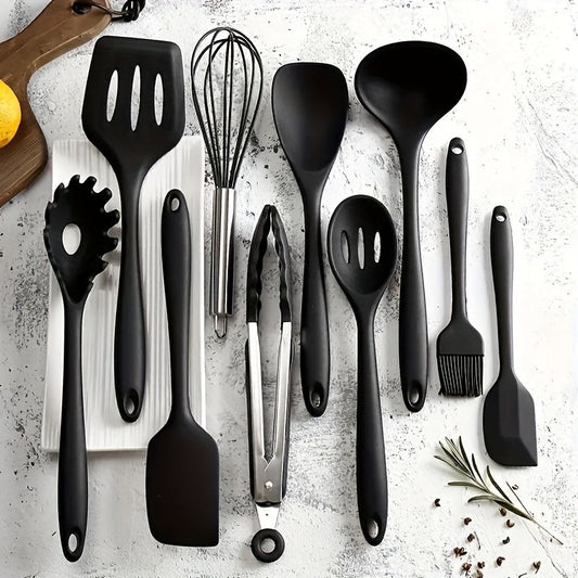 A set of 10 kitchen utensils made of heat resistant silicone, including a spoon, leak spatula, manual egg beater, oil brush, and household baking kit, perfect for back to school supplies.