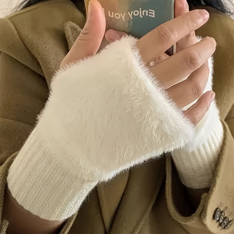 Acrylic Plush Fingerless Mittens for Women - Stay Warm and Stylish with this Cute and Cozy Pair, Perfect for Office, Study, or Casual Weekends. Features Knitted Elastic Wrist for a Comfortable Fit. Hand Washable and Ski-Ready for Your Winter Adventures.