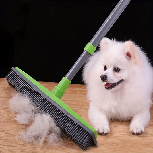 Rubber broom with squeegee for pet hair removal and floor cleaning. Great for collecting pet hair and debris.