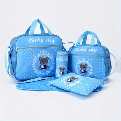 Five-piece set of fashionable bear-printed mommy bags with large capacity, featuring a multifunctional design for carrying as a one-shoulder messenger bag or diaper bag.