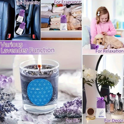 5-Pack lavender scented yarn bags with wooden sachets for car, drawer, and wardrobe; non-electric fresh perfume home fragrance bags in purple color.