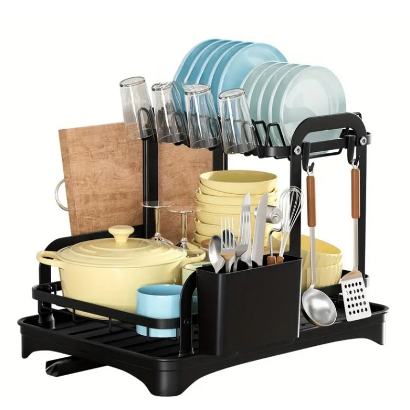 A steel dish rack set with two tiers, a draining board, and various kitchen accessories, designed for maximizing space and drying capacity above the kitchen sink and on the countertop.