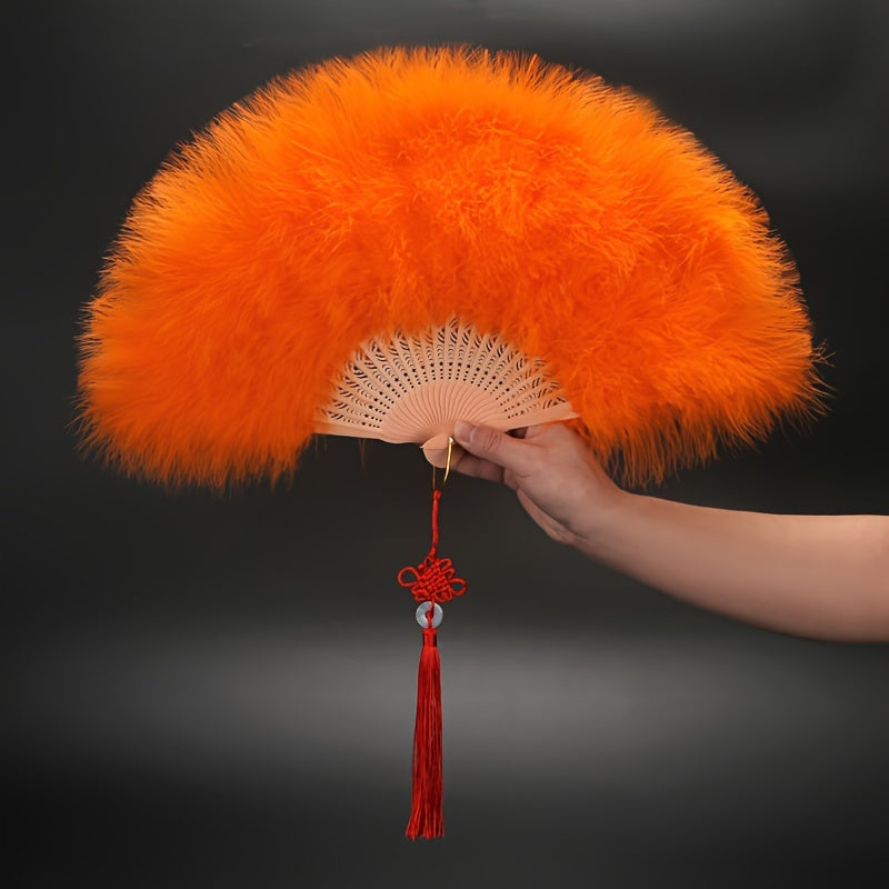 High-end Plush Feather Folding Fan with Extra Thickness, Perfect for Adults' Performance Dance. Ideal for Chinese Cheongsam Runway Shows, Comes in a Variety of Colors.