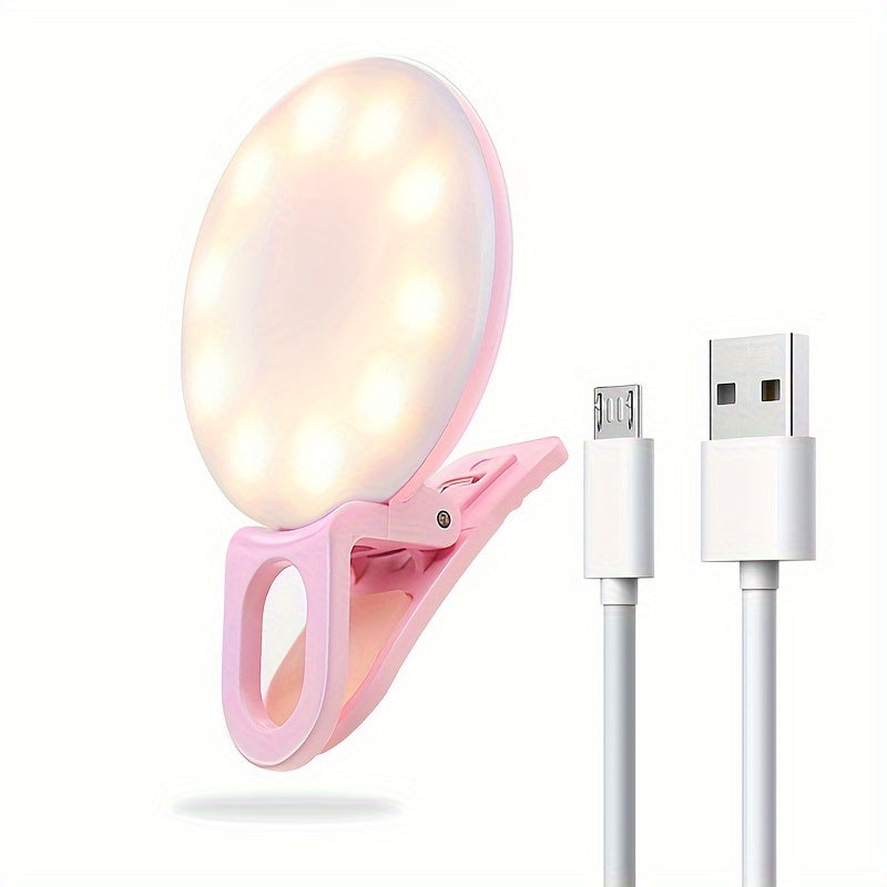 Clip-on professional LED ring light with 3 color modes for smartphone selfies, with warm and white light options.