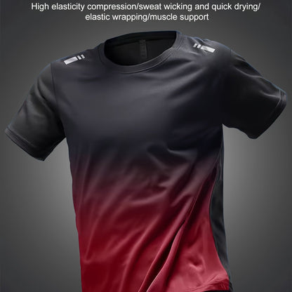 Men's loose fit gradient t-shirt with breathable mesh, short sleeves, round neck - perfect for a sporty and casual summer look.