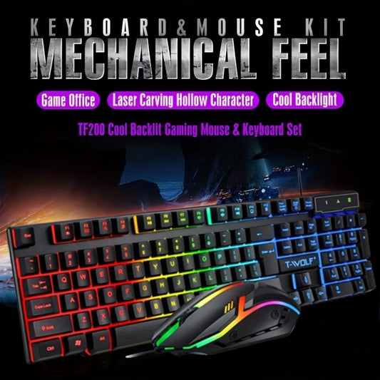 New TF200 gaming keyboard and mouse set with ergonomic design, optical movement detection, cool light effect, mechanical touch suspended key cap, wired, and quick function keys for personal