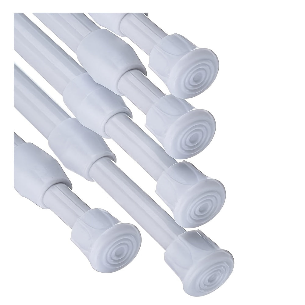 Adjustable white spring tension curtain rod made of metal for easy installation in kitchens, bathrooms, windows, bookshelves, wardrobes. Can expand to fit wardrobe.