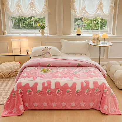 Ultra-Soft Pink Strawberry & Bear Pattern Blanket - Perfect for Sofa, Bed, & Naps - Cozy All-Season Throw - Machine Washable 100% Polyester - Whimsical Home Decor - Charming Aesthetic - Comfortable Blanket for Bed and Naps