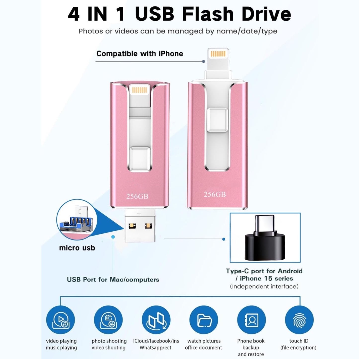 MFi Certified iPhone Photo Stick with storage options of 64GB, 128GB, and 256GB for backing up photos and files on iPhone and iPad.