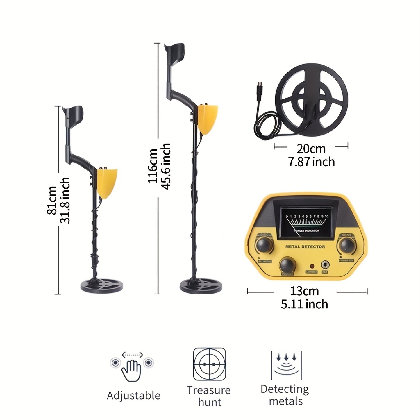 Compact metal detector with high sensitivity and a 20.32cm coil, adjustable power and target identification. Ideal for beach treasure hunting, requires batteries (not included).