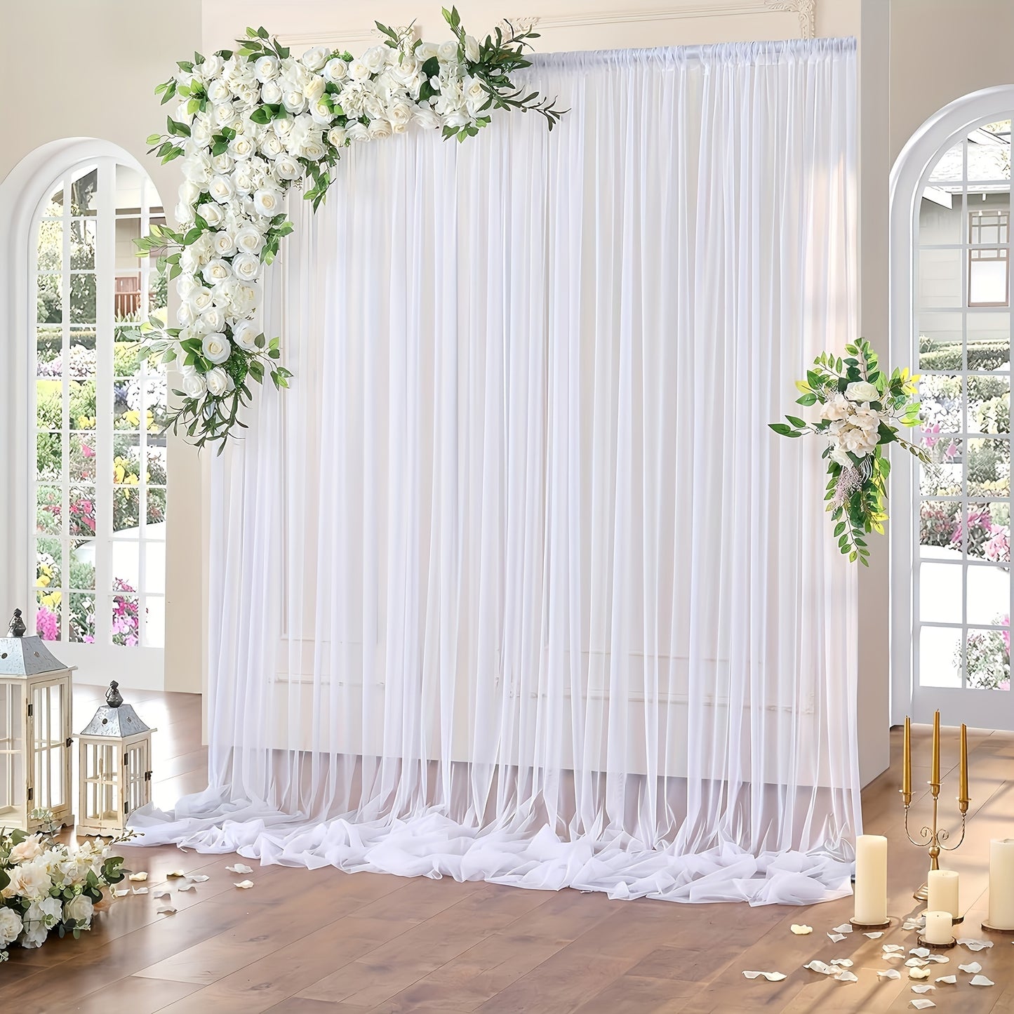 2 elegant white tulle backdrop curtains - ideal for weddings, baby showers, and photo backdrops.