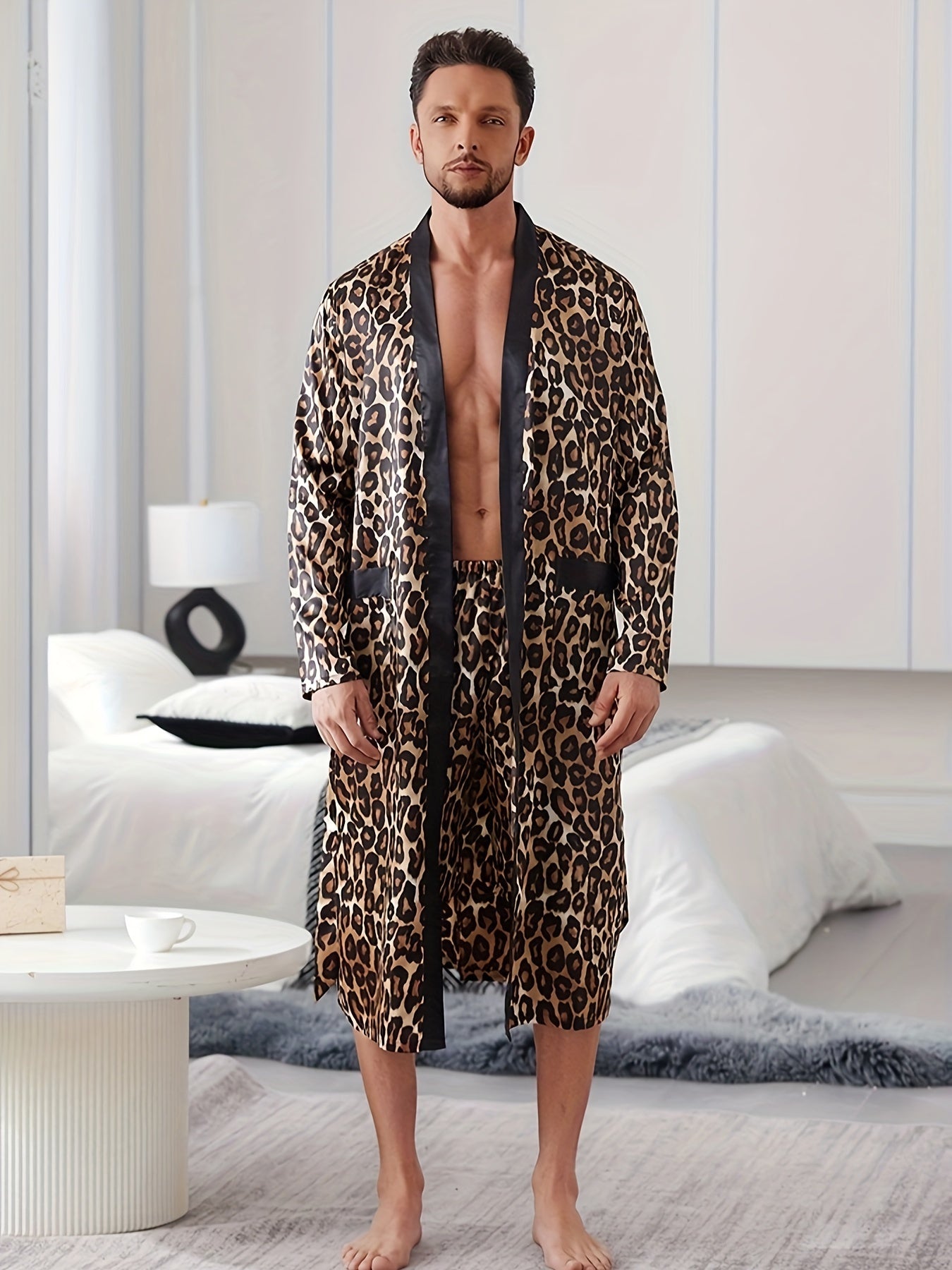 Men's Leopard Print Pajama Set with V-Neck, Long Sleeve Robe, Belted Pants - Machine Washable Casual Sleepwear