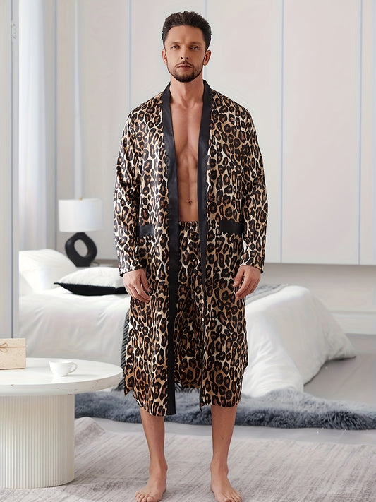 Men's Leopard Print Pajama Set with V-Neck, Long Sleeve Robe, Belted Pants - Machine Washable Casual Sleepwear