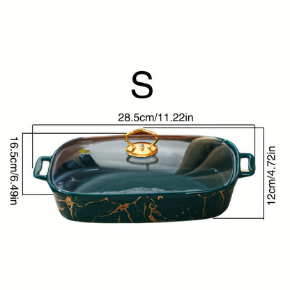 The Nordic Golden Inlay Rectangular Ceramic Casserole with Lid features dual handles and comes in small, medium, and large sizes ideal for cooking and serving.