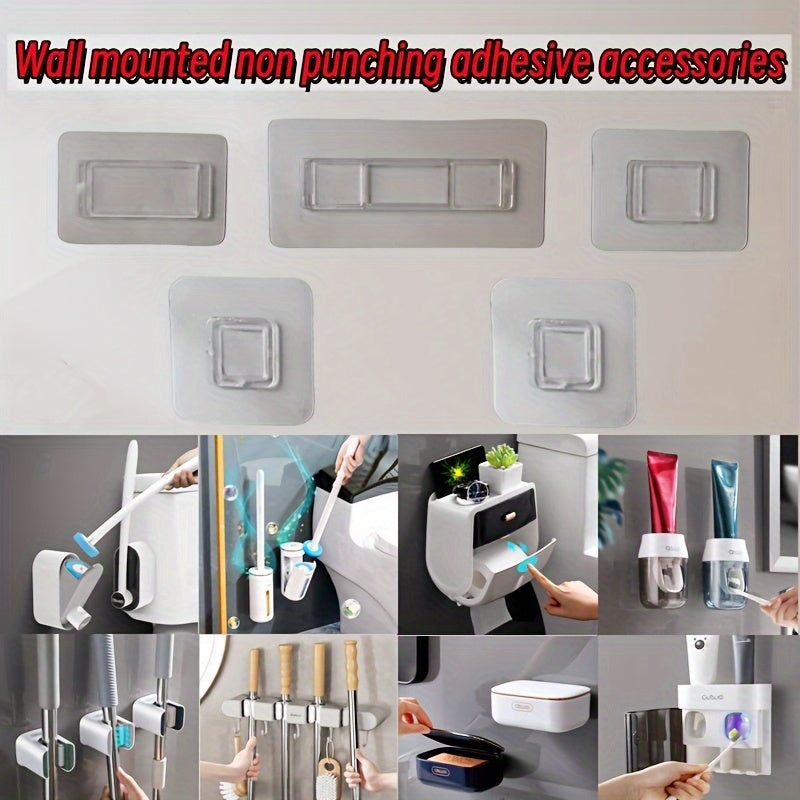 No-drill hooks for bathroom accessories, ideal for tissue boxes, toilet brushes, toothpaste dispensers, and mop holders