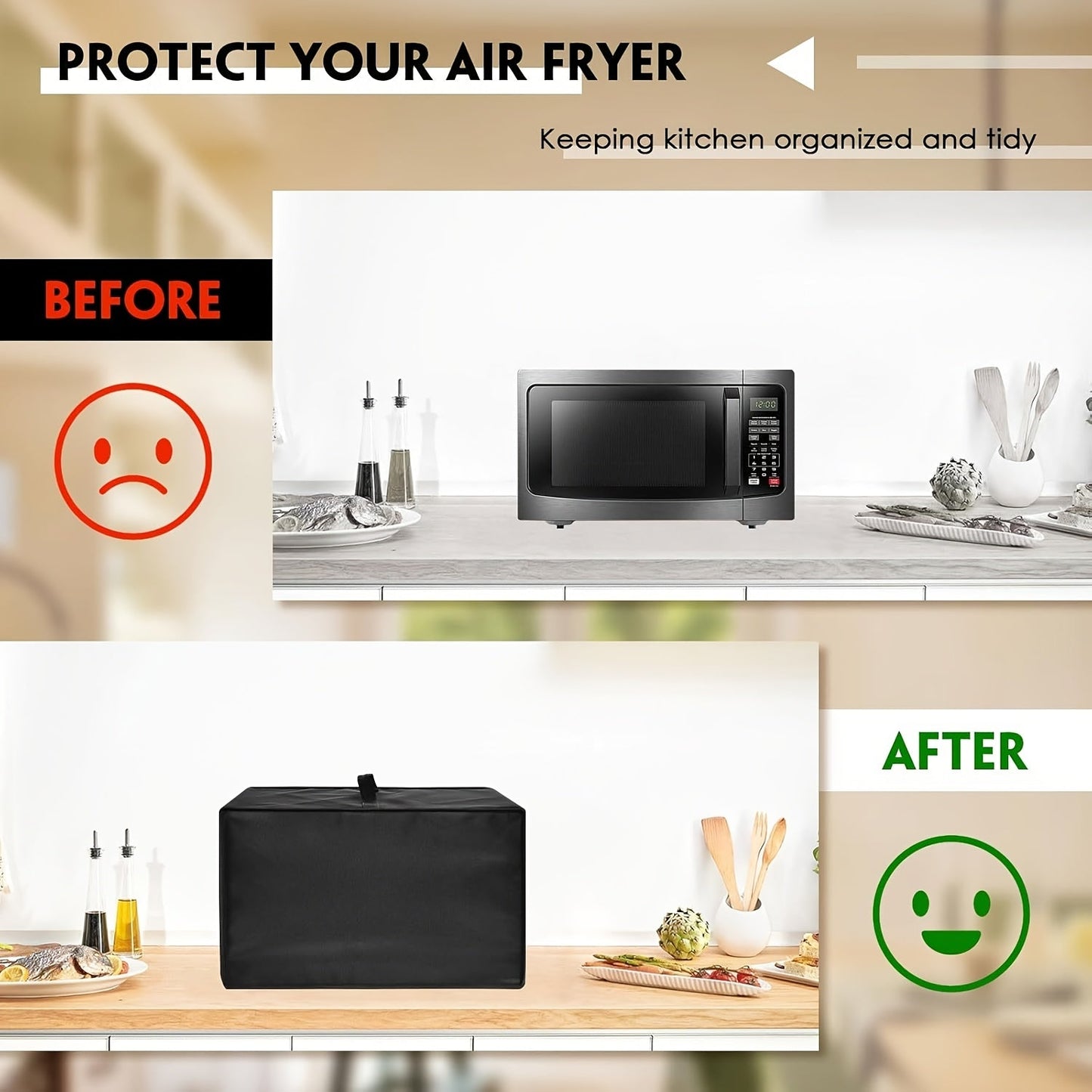 The sleek black/gray durable waterproof microwave oven dust cover features a foldable design and is easy to clean. It includes a handle for added convenience and is compatible with most microwaves. This protective cover helps keep appliances clean by