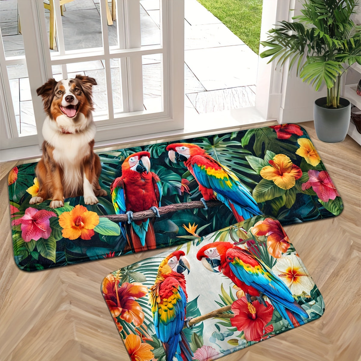 Indoor Entrance Mat for Entryway with Parrot Design, Non-Slip and Machine Washable Polyester - Knitted Fabric, Front Door Mat