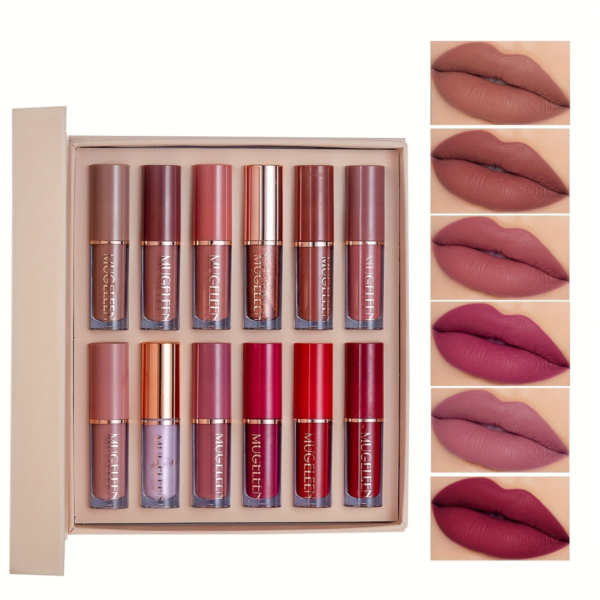 12-piece liquid lipstick set in assorted colors, with non-stick cup and long-lasting, waterproof matte finish. Gift box included for makeup lovers, ideal gifts for women.