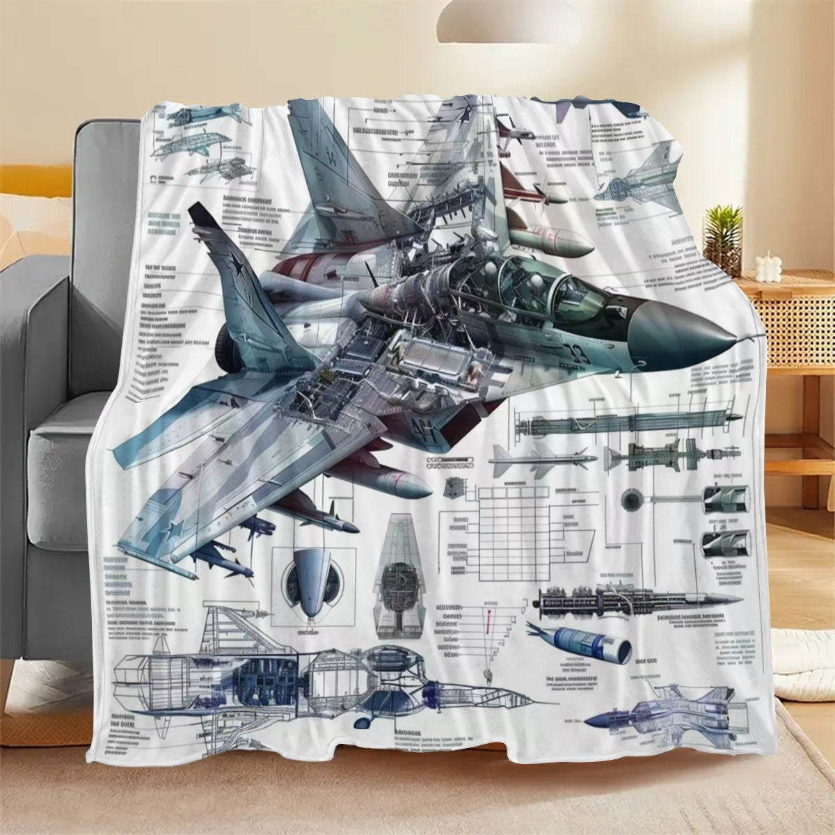 Stay cozy and warm with this military enthusiast fighter jet print flannel blanket. Made of 100% polyester, this blanket is perfect for all seasons and offers comfortable warmth. Featuring a digital print design, this blanket weighs between 200-250gsm