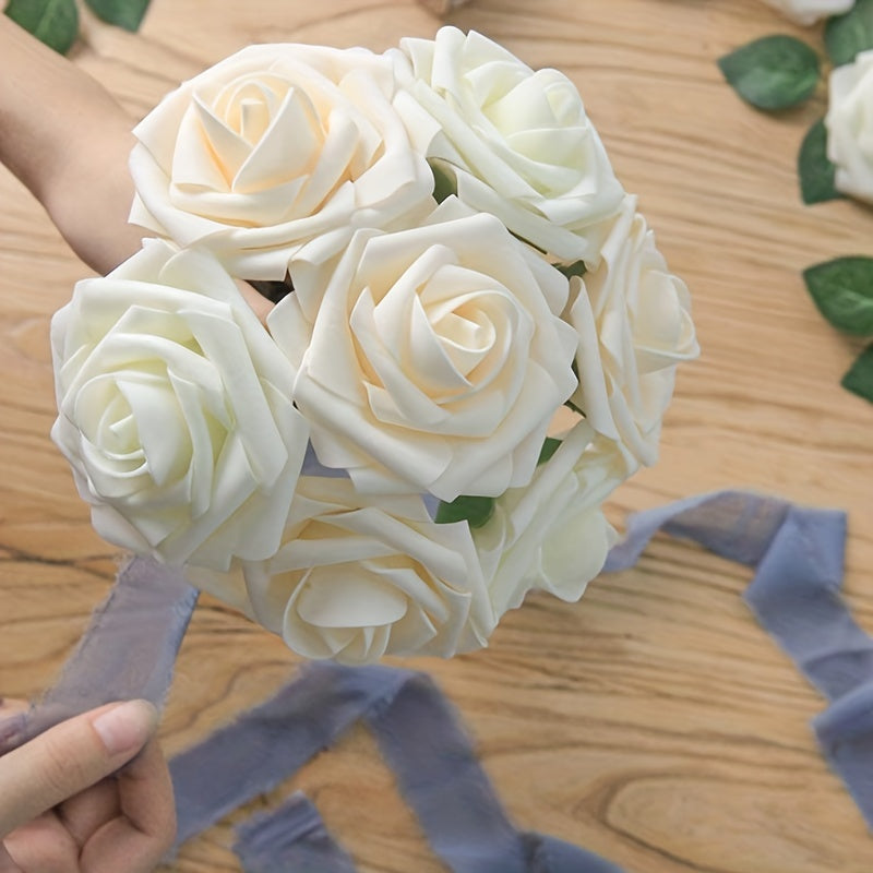 25 artificial ivory roses with stems for DIY wedding decor and party supplies, perfect for bouquets, centerpieces, and holiday ornaments.