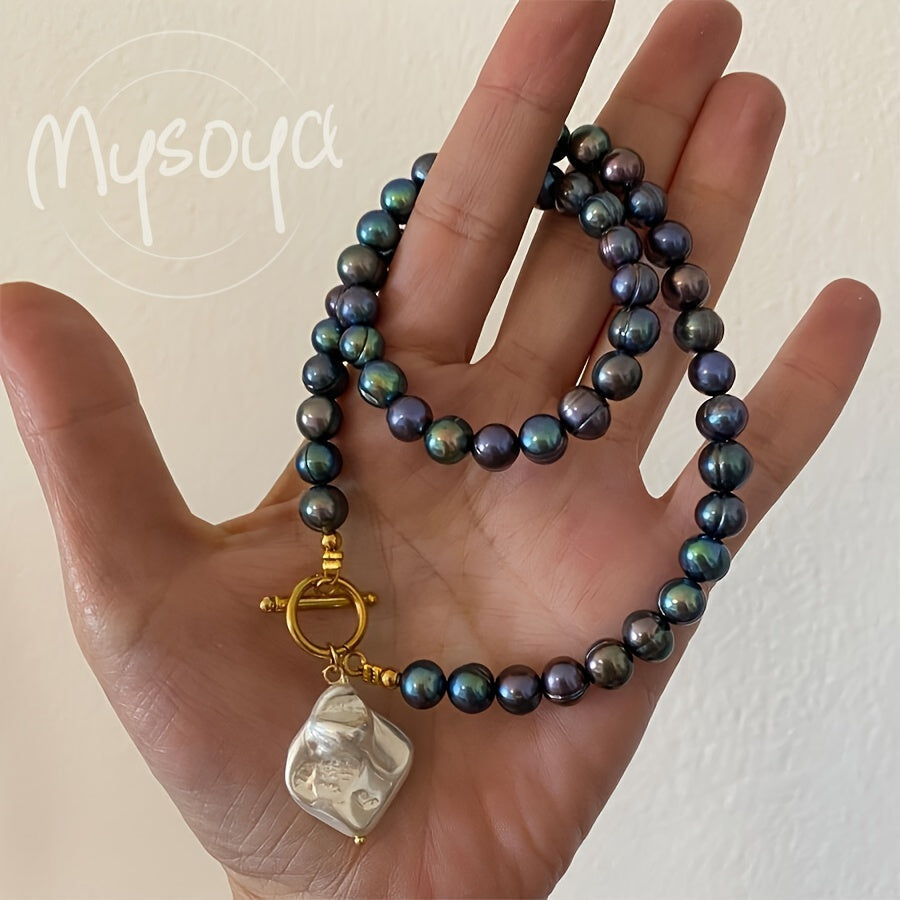 MYSOYA Vintage Elegant Baroque Black Freshwater Pearl Pendant Necklace 8-9mm, Natural June Birthstone, Handcrafted, Ideal Gift for Her, Versatile for Everyday Wear, Special Occasions, and Celebrations, Includes Gift Box