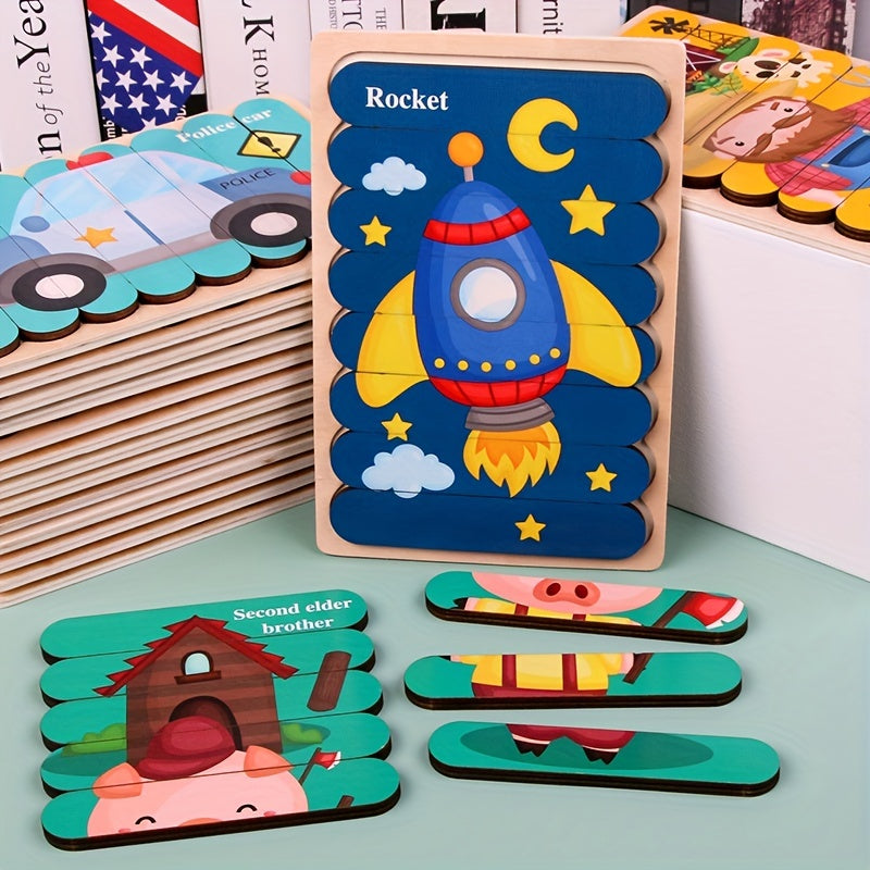 Wooden Strip Puzzle for Creative Children's Early Education: Featuring Cartoon Animal Stories and Traffic/Fruit Themes on Double-sided Boards - A Fun and Educational Toy.