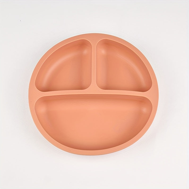 Three-compartment round dinner plate made of 100% food-grade silicone, featuring a reinforced design for added thickness and durability. This high-temperature resistant soft plate is perfect for training and comes with training tableware compartments.